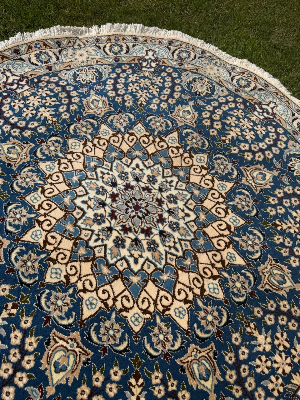 Round Rug Nain, 150x150 cm, blue, wool and silk, Iran - 297315