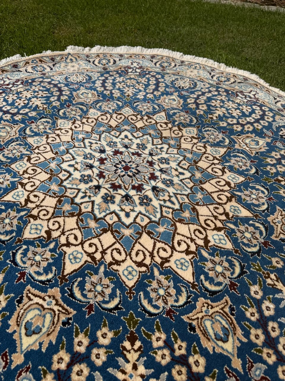 Round Rug Nain, 150x150 cm, blue, wool and silk, Iran - 297308