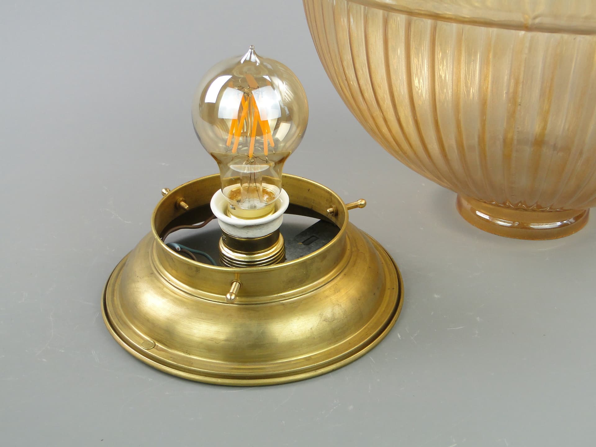 Ceiling lamp, honey glass, brass, Poland, 1940s - 297365