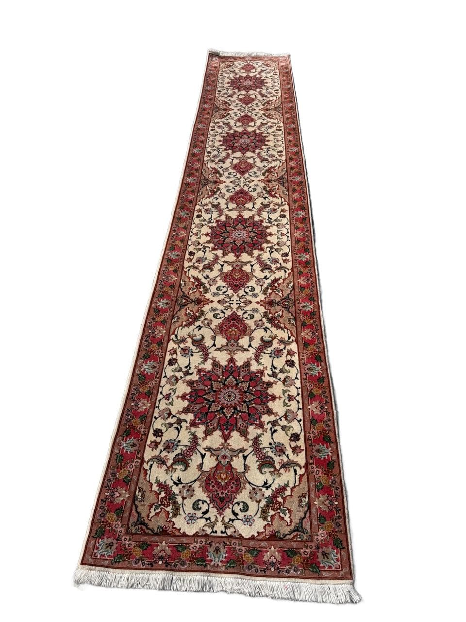 Chodnik Tabriz 415x75 cm, beżowy multikolor, wełna kaszmirowa z jedwabiem, Iran