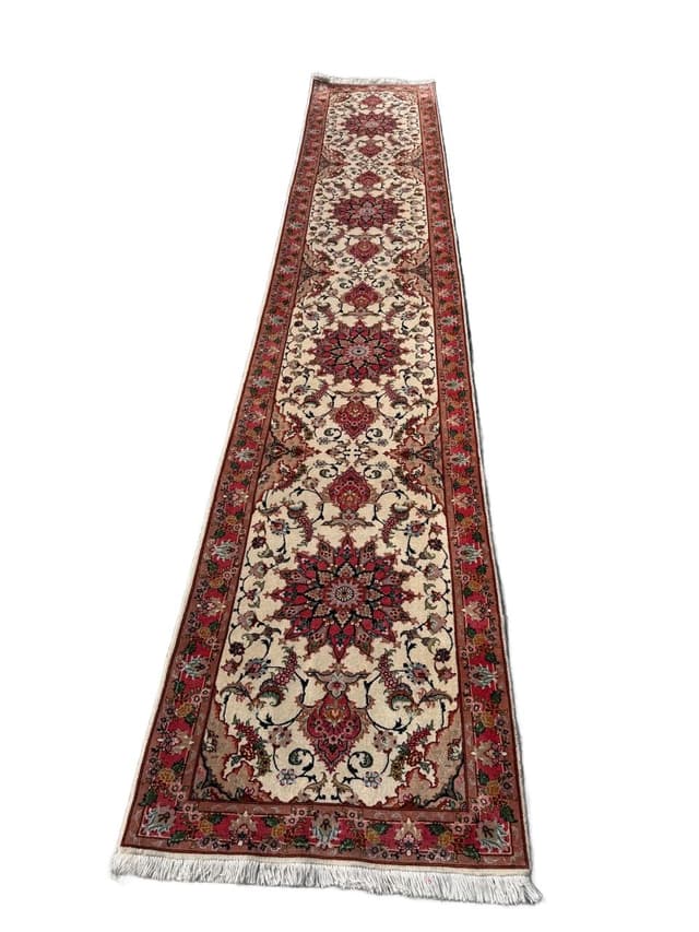 Chodnik Tabriz 415x75 cm, beżowy multikolor, wełna kaszmirowa z jedwabiem, Iran - WYMIARY