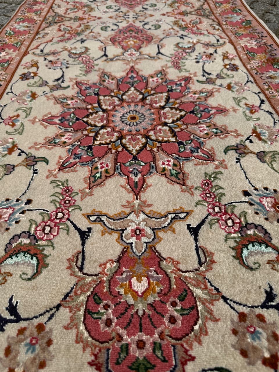 Chodnik Tabriz 415x75 cm, beżowy multikolor, wełna kaszmirowa z jedwabiem, Iran - 297412