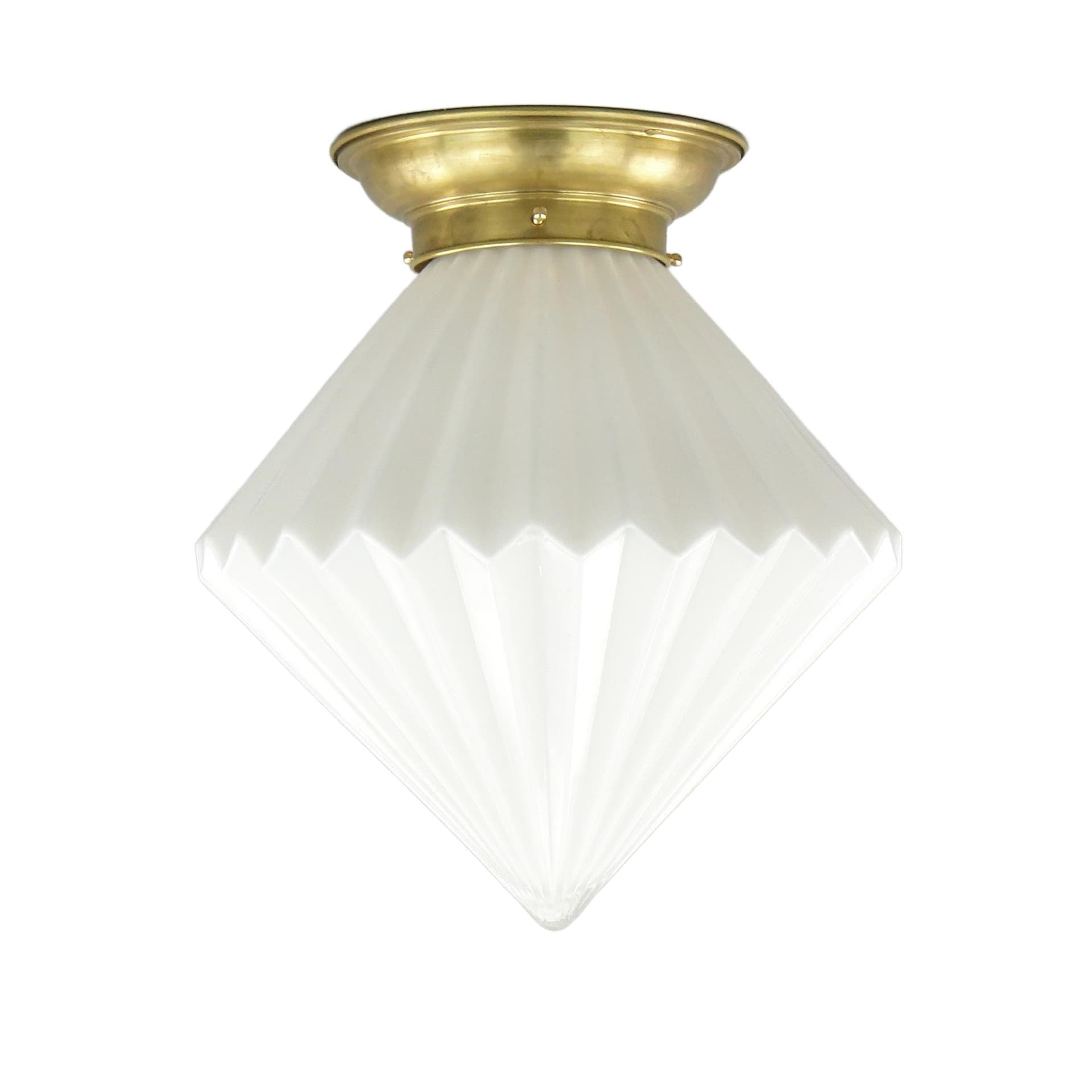 Ceiling Flush Mount Art Deco, white glass, gold brass, Poland, 1940s.
