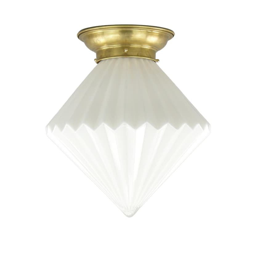 Ceiling Flush Mount Art Deco, white glass, gold brass, Poland, 1940s.