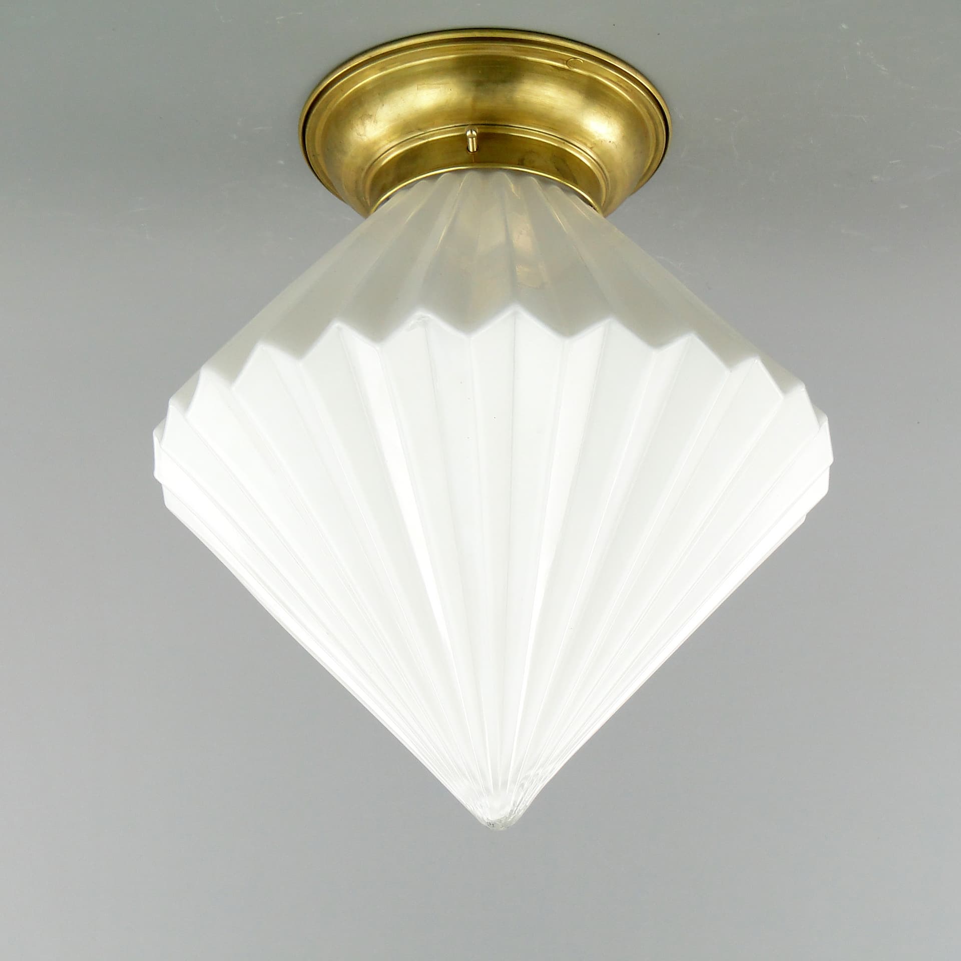 Ceiling Flush Mount Art Deco, white glass, gold brass, Poland, 1940s. - 297565