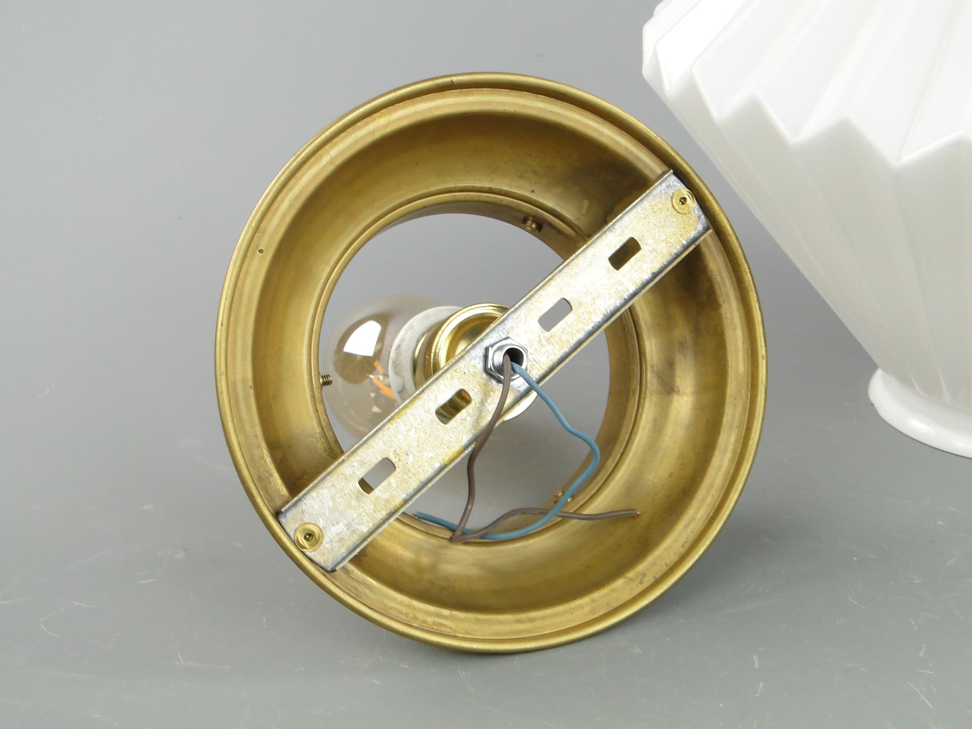 Ceiling Flush Mount Art Deco, white glass, gold brass, Poland, 1940s. - 297563