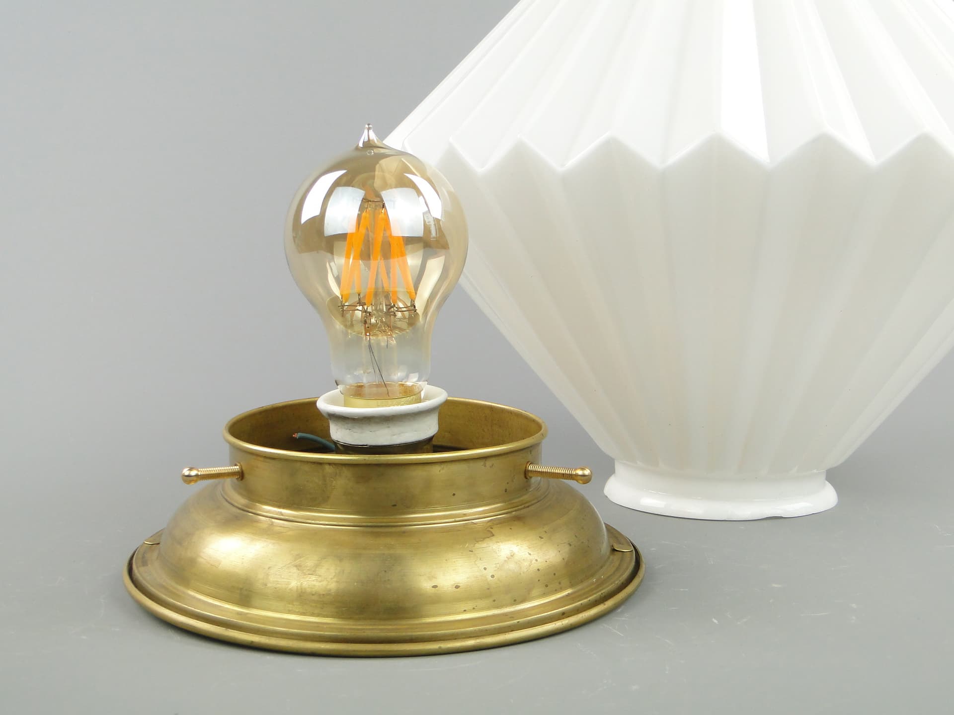 Ceiling Flush Mount Art Deco, white glass, gold brass, Poland, 1940s. - 297561