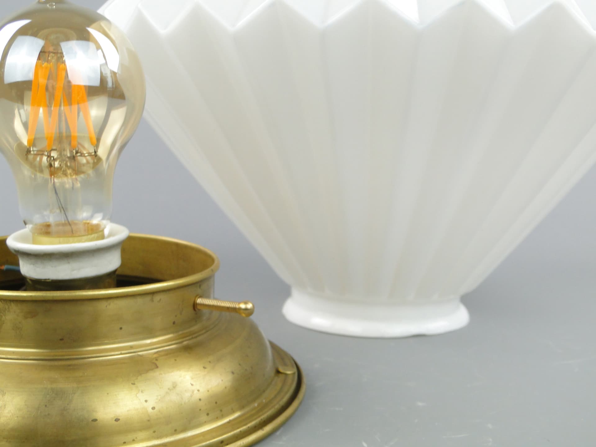 Ceiling Flush Mount Art Deco, white glass, gold brass, Poland, 1940s. - 297564