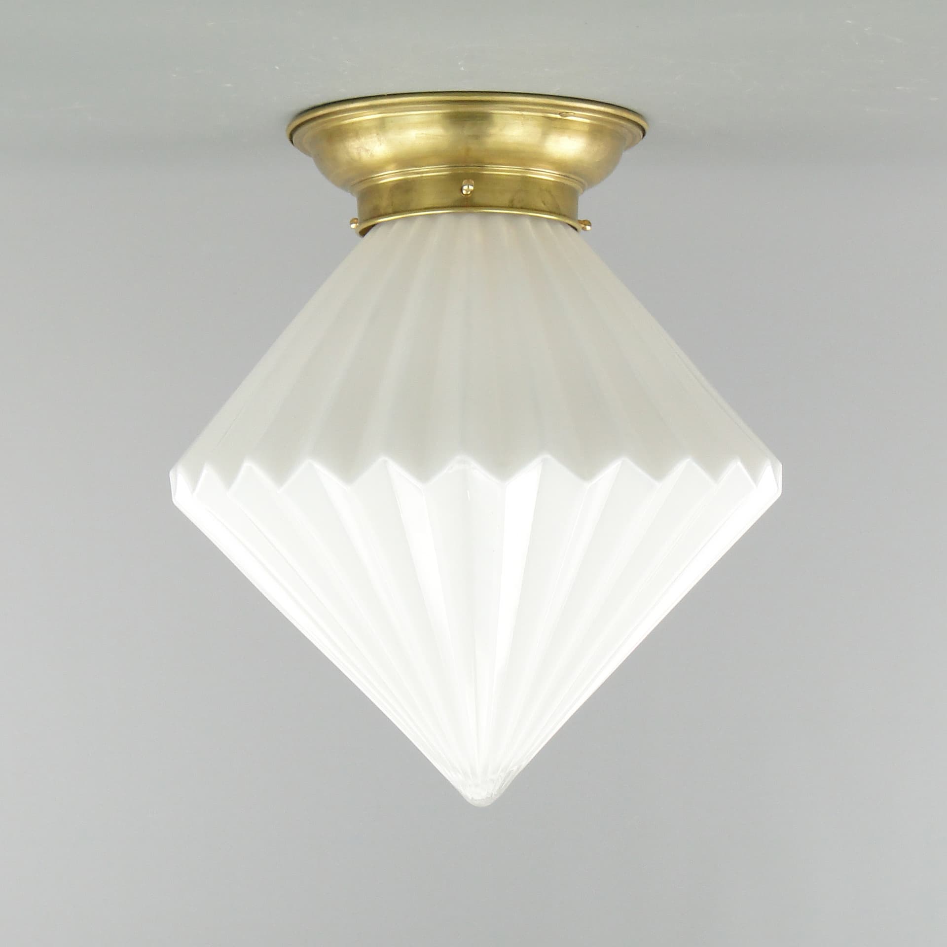 Ceiling Flush Mount Art Deco, white glass, gold brass, Poland, 1940s. - 297555