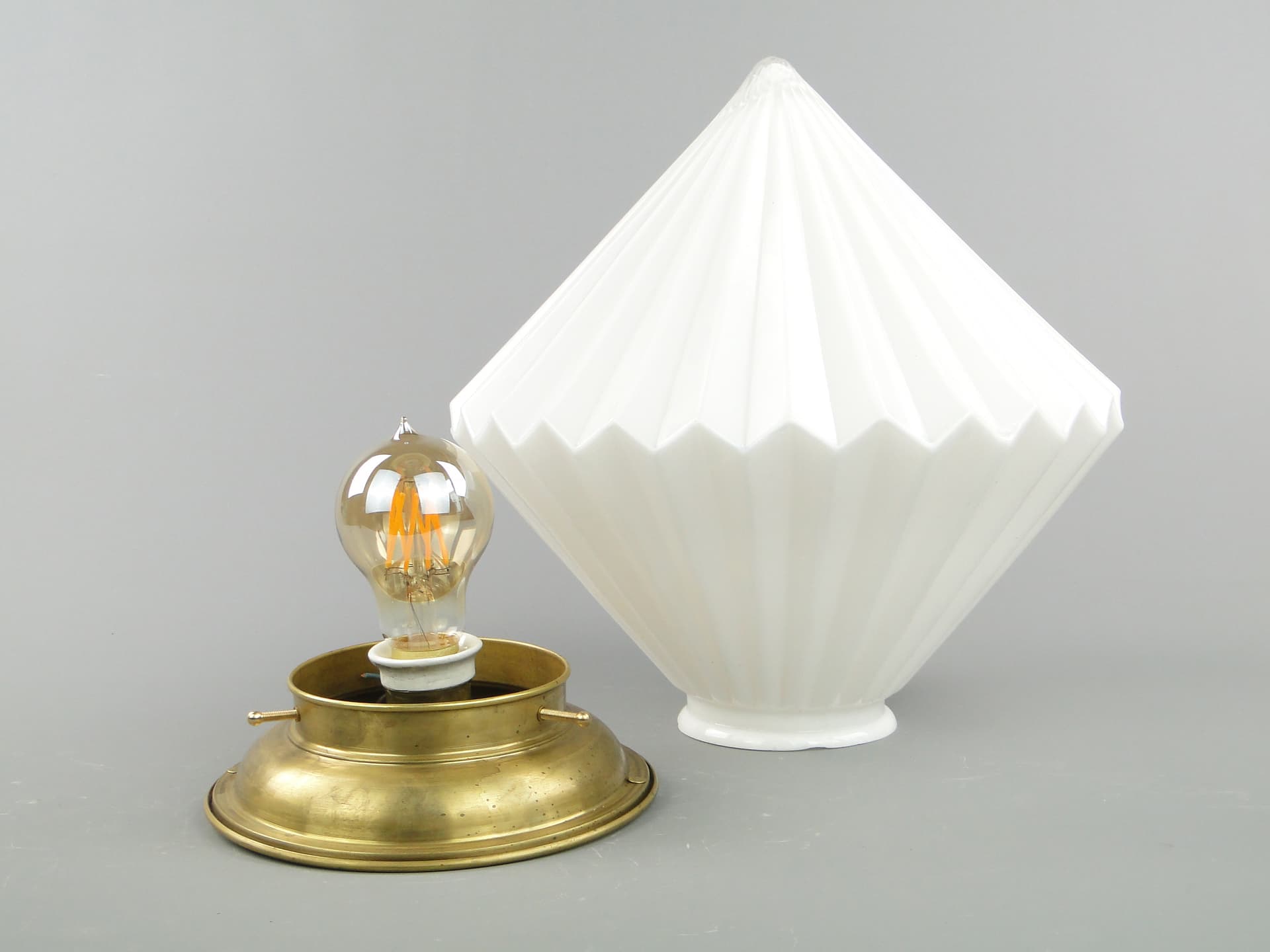 Ceiling Flush Mount Art Deco, white glass, gold brass, Poland, 1940s. - 297560