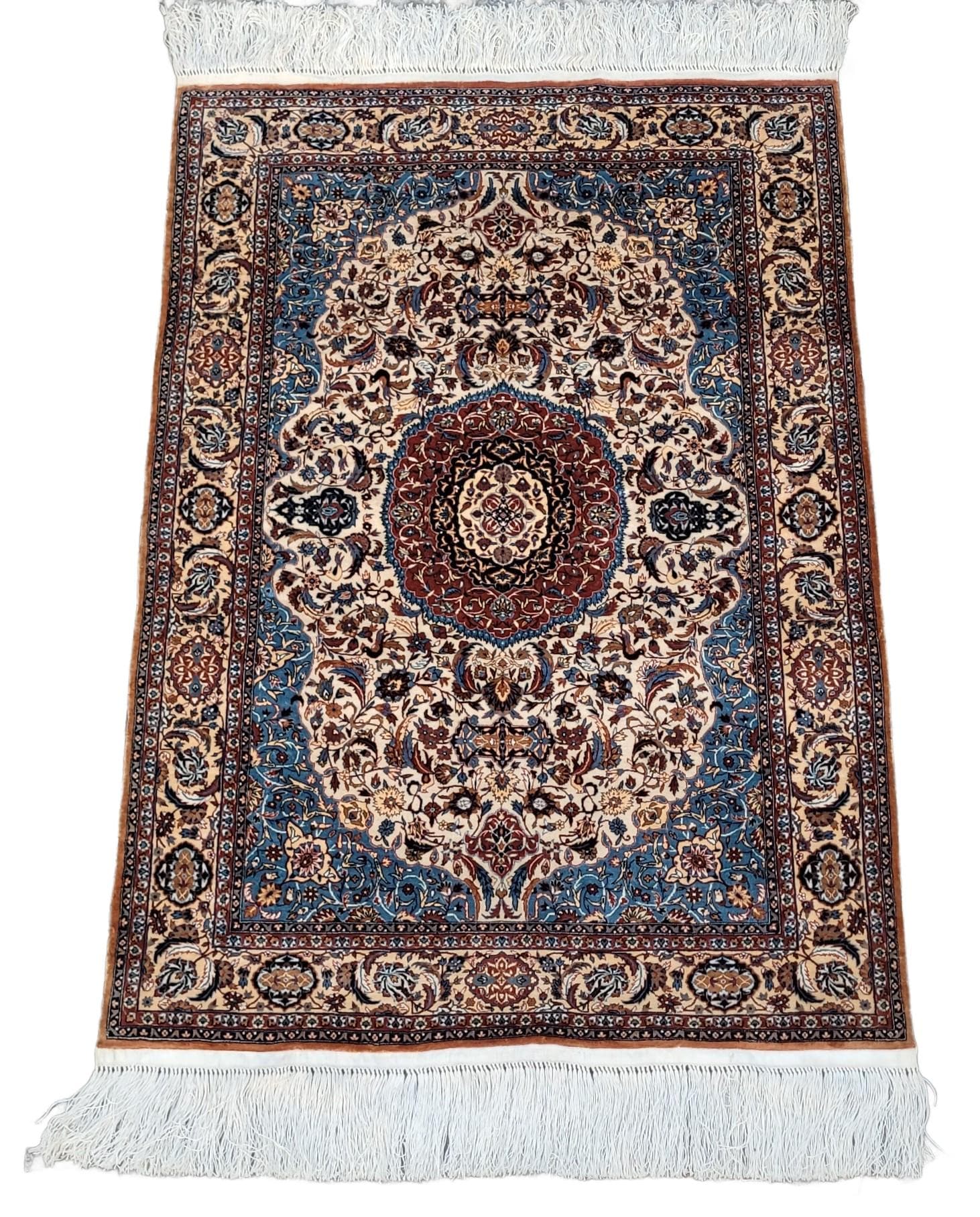 Dywan Isfahan 112x64 cm, jedwab beżowy czerwony niebieski, Iran