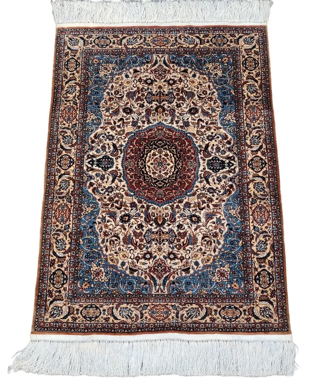 Dywan Isfahan 112x64 cm, jedwab beżowy czerwony niebieski, Iran - WYMIARY