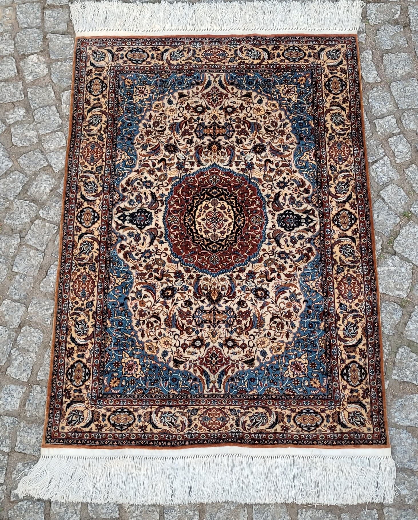 Dywan Isfahan 112x64 cm, jedwab beżowy czerwony niebieski, Iran - 297785