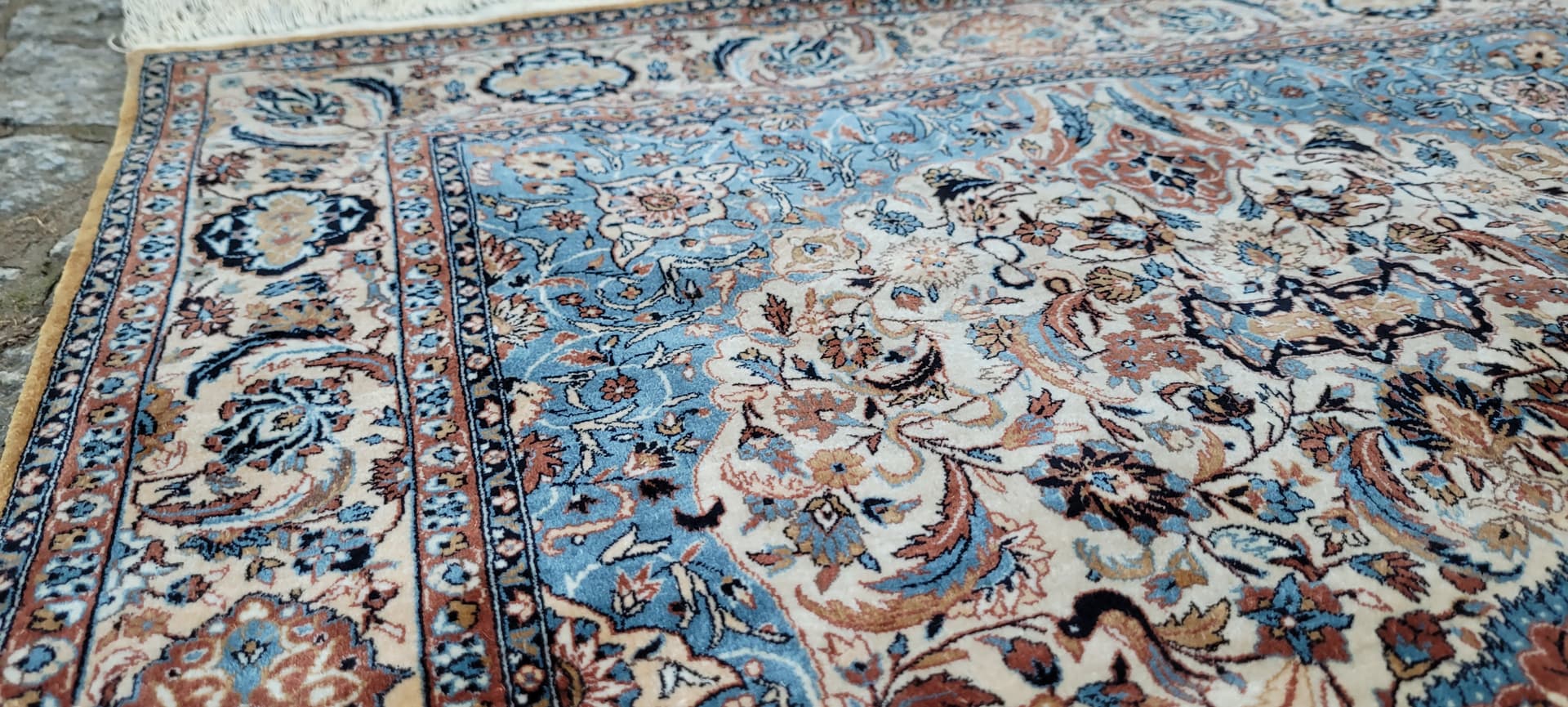 Dywan Isfahan 112x64 cm, jedwab beżowy czerwony niebieski, Iran - 297787