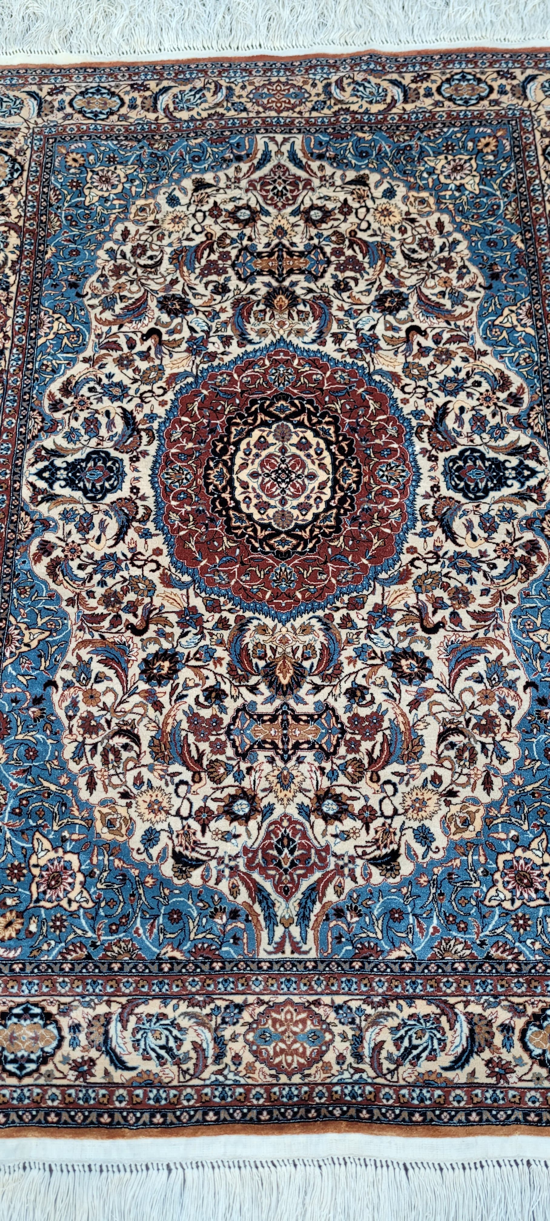 Dywan Isfahan 112x64 cm, jedwab beżowy czerwony niebieski, Iran - 297799
