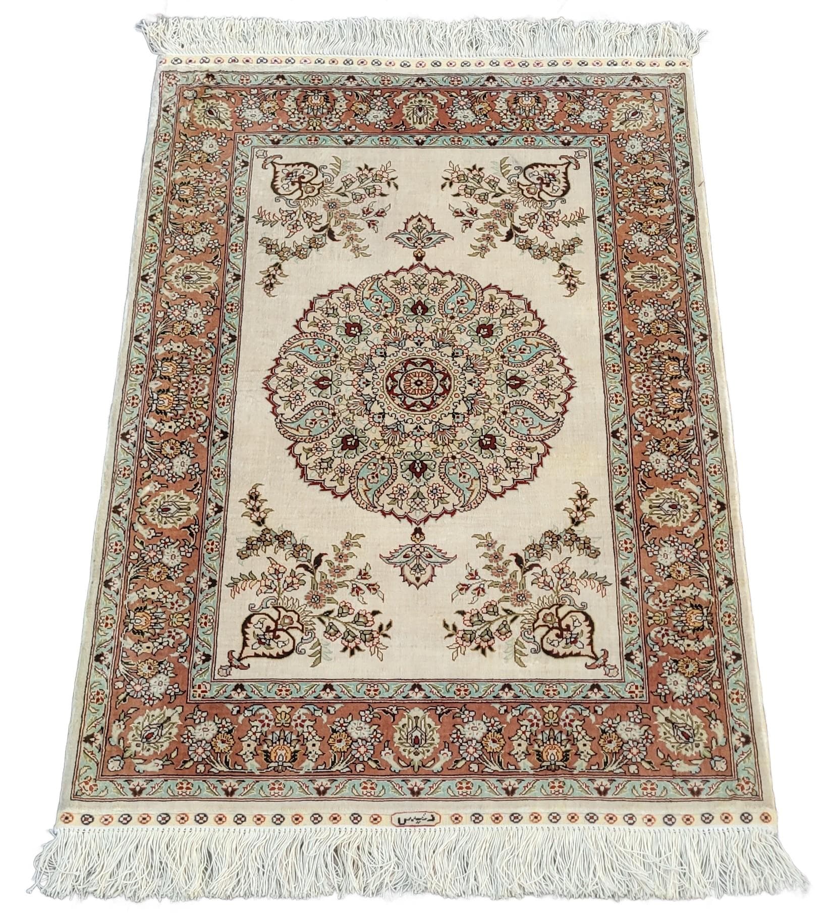 Dywan Ghom, 102x64 cm, jedwab beżowy, Iran