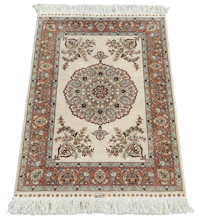 Dywan Ghom, 102x64 cm, jedwab beżowy, Iran - WYMIARY