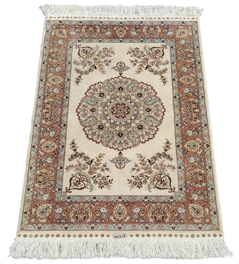 Dywan Ghom, 102x64 cm, jedwab beżowy, Iran