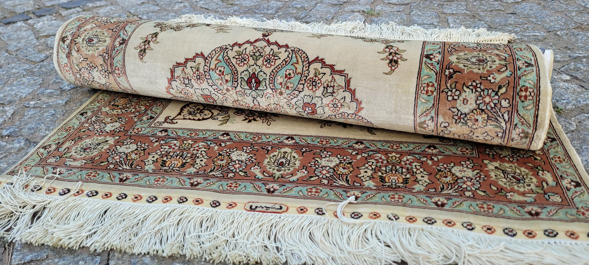 Dywan Ghom, 102x64 cm, jedwab beżowy, Iran - 297853