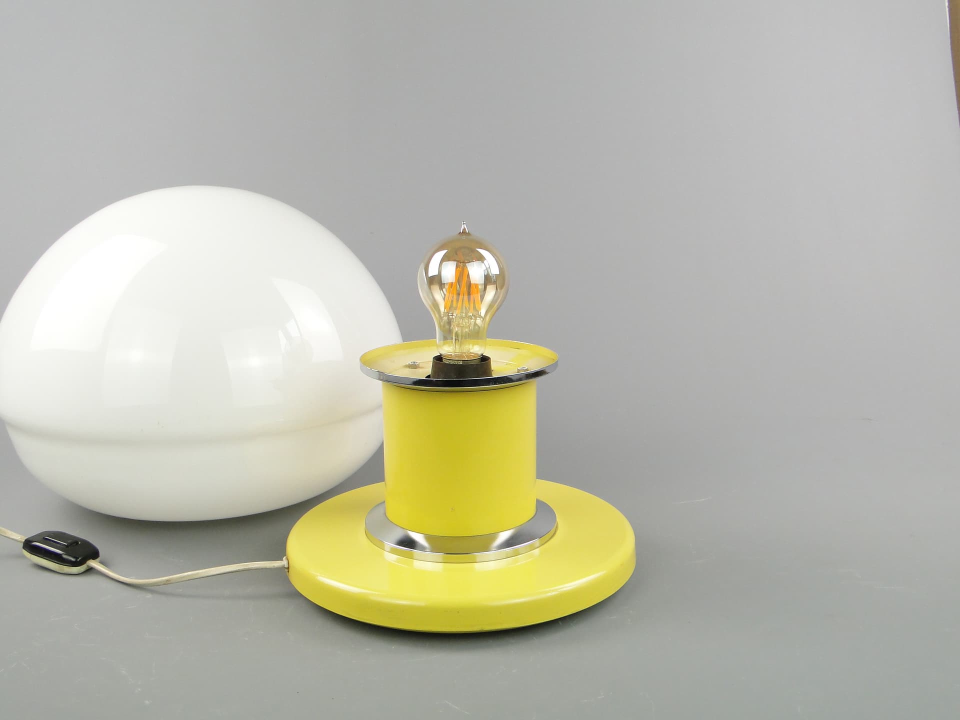 Table lamp EMMA, yellow, chrome steel, white glass, POLAM Bielsko-Biała, Poland, 1960s. - 297888