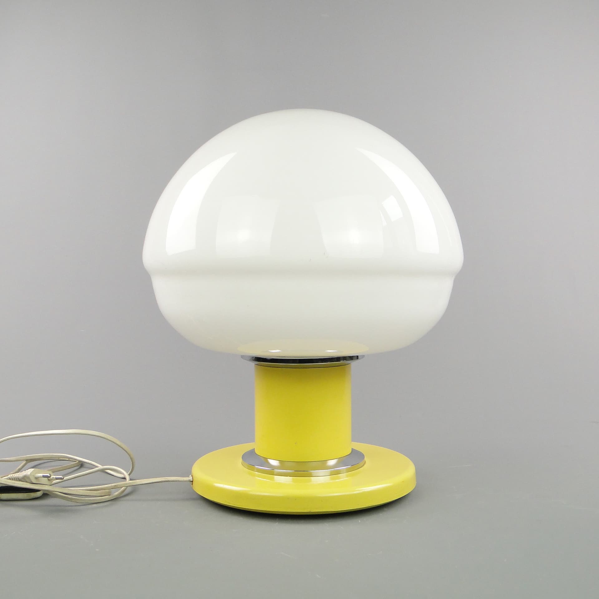 Table lamp EMMA, yellow, chrome steel, white glass, POLAM Bielsko-Biała, Poland, 1960s. - 297893