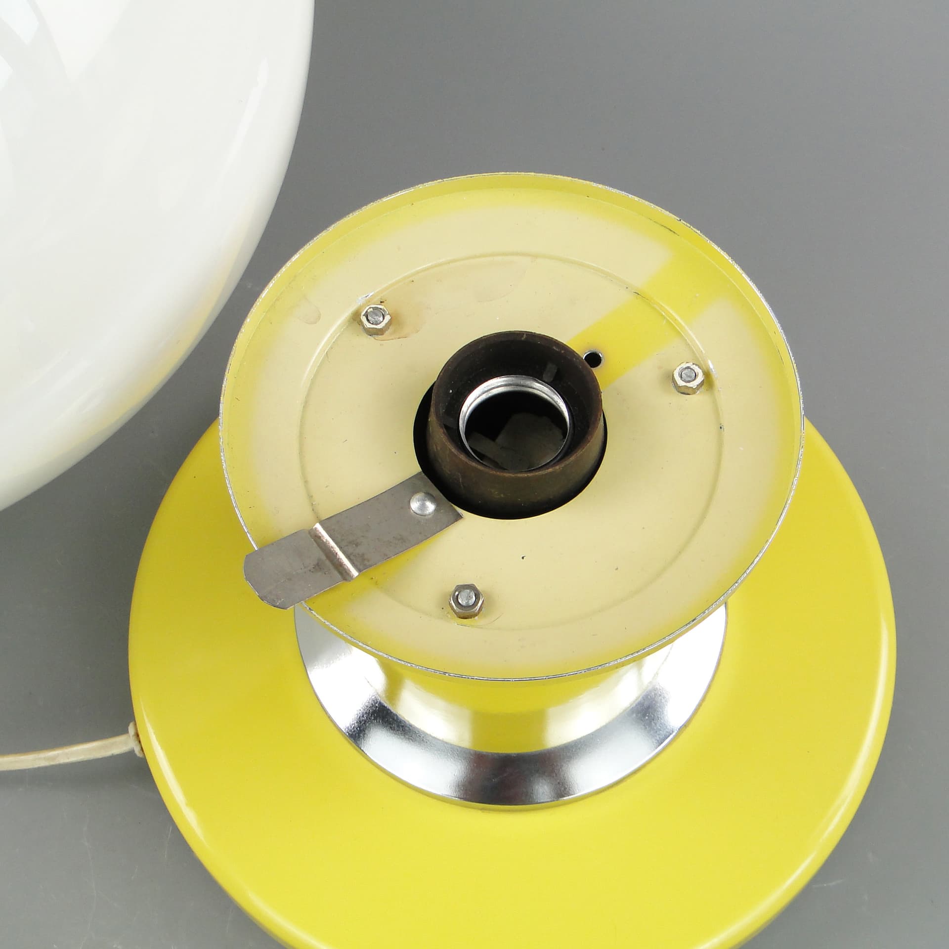 Table lamp EMMA, yellow, chrome steel, white glass, POLAM Bielsko-Biała, Poland, 1960s. - 297889