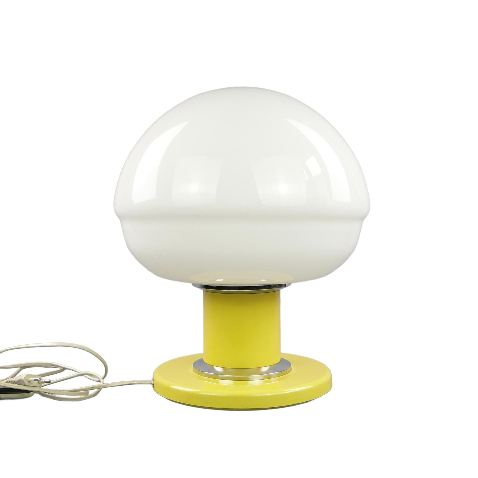 Table lamp EMMA, yellow, chrome steel, white glass, POLAM Bielsko-Biała, Poland, 1960s.