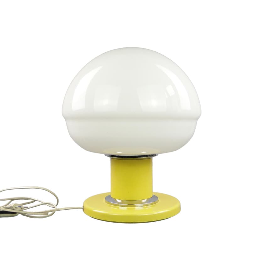 Table lamp EMMA, yellow, chrome steel, white glass, POLAM Bielsko-Biała, Poland, 1960s.