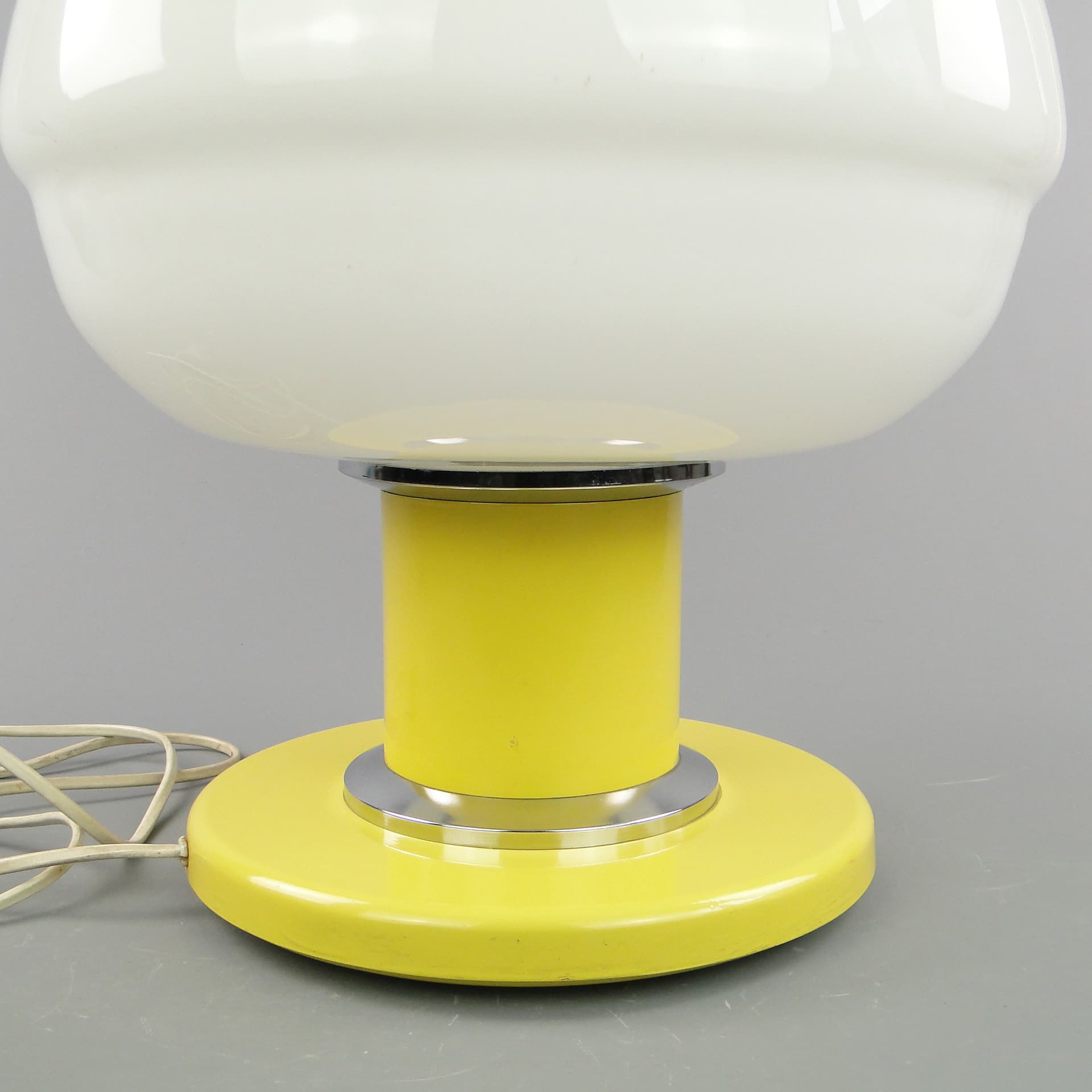 Table lamp EMMA, yellow, chrome steel, white glass, POLAM Bielsko-Biała, Poland, 1960s. - 297894