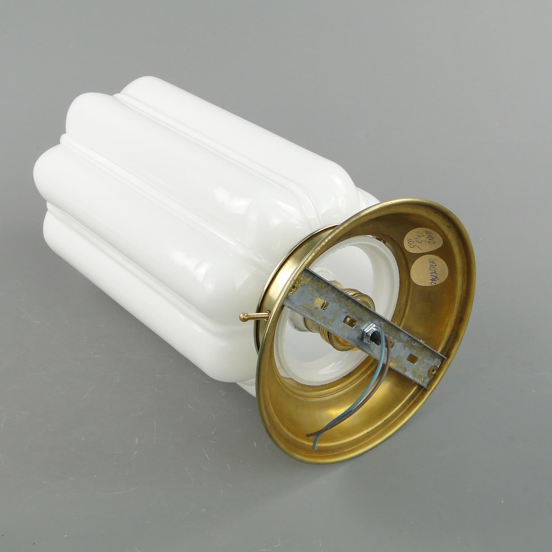 Eclectic Ceiling Lamp, silver brass, white glass, Poland, 1930s - 297934