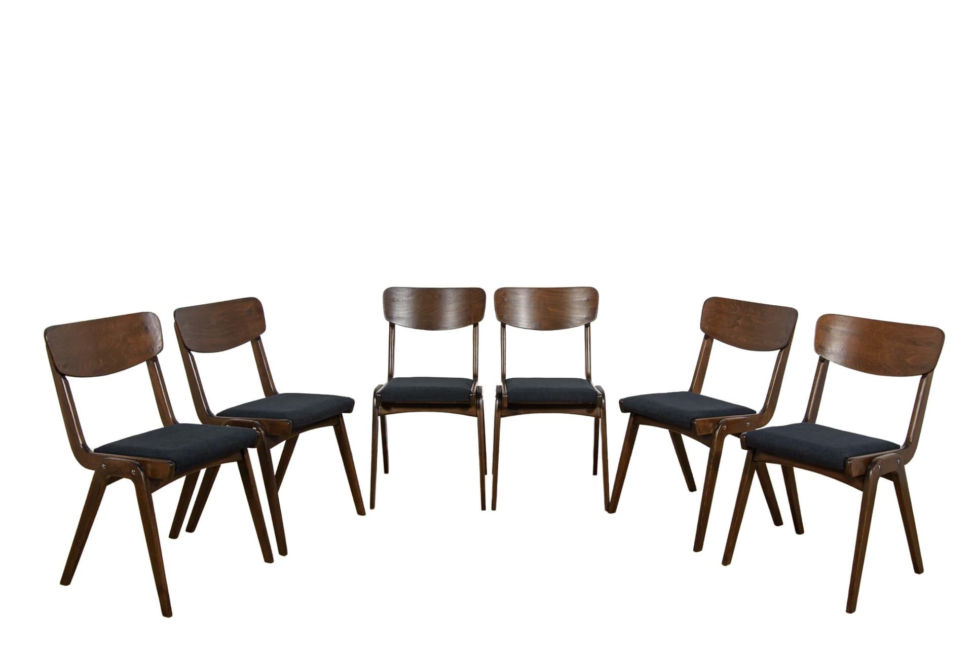 set of six chairs Bumerang type 229XB, brown beech, black synthetic fabric, Poland, 1960s