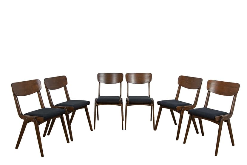 set of six chairs Bumerang type 229XB, brown beech, black synthetic fabric, Poland, 1960s