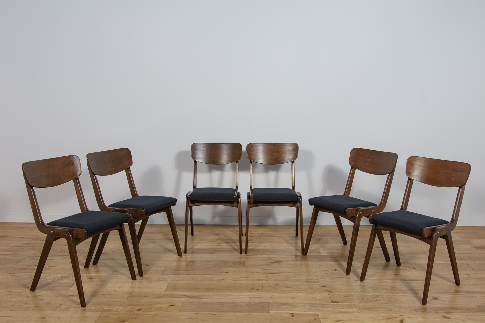 set of six chairs Bumerang type 229XB, brown beech, black synthetic fabric, Poland, 1960s - 297950