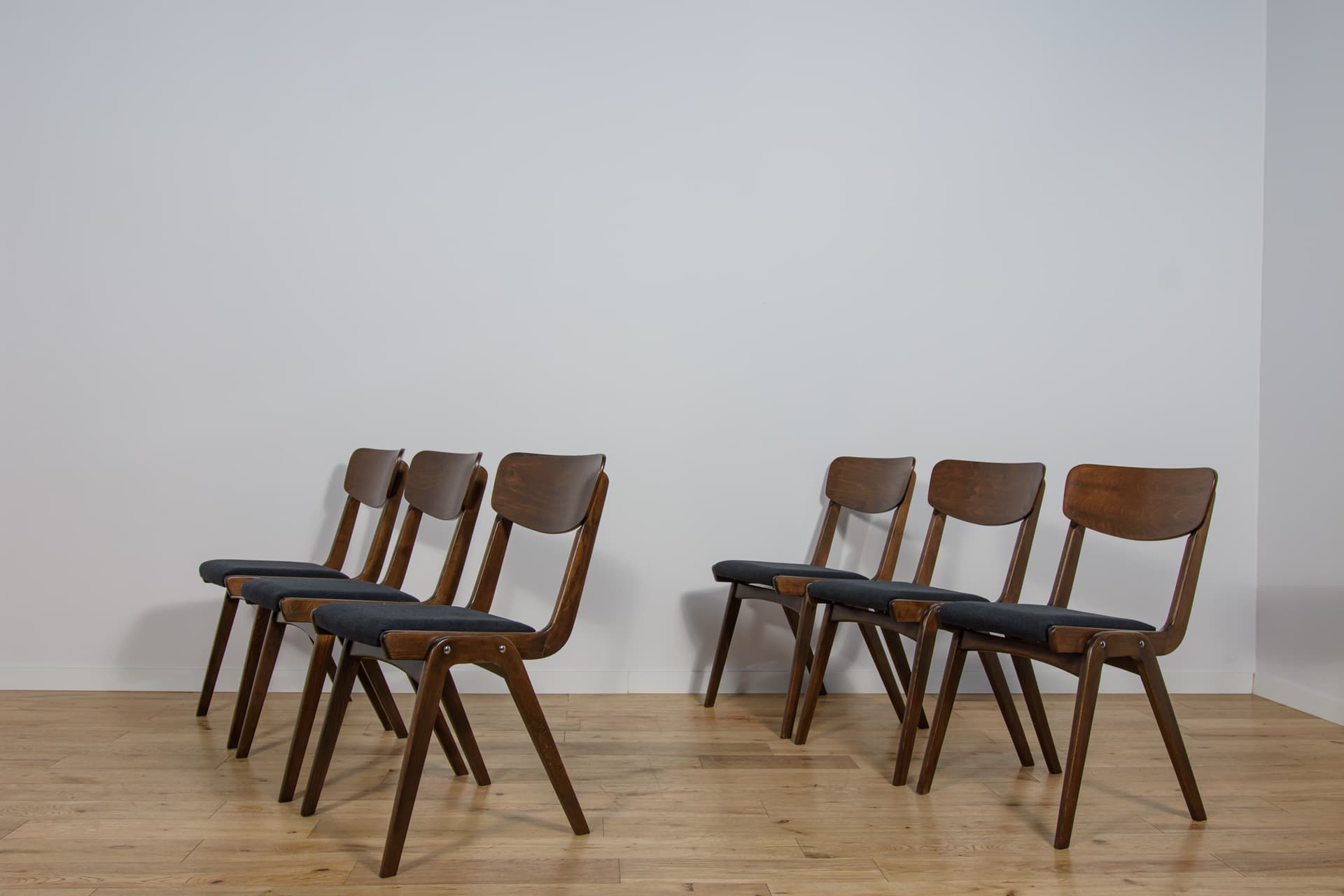 set of six chairs Bumerang type 229XB, brown beech, black synthetic fabric, Poland, 1960s - 297953