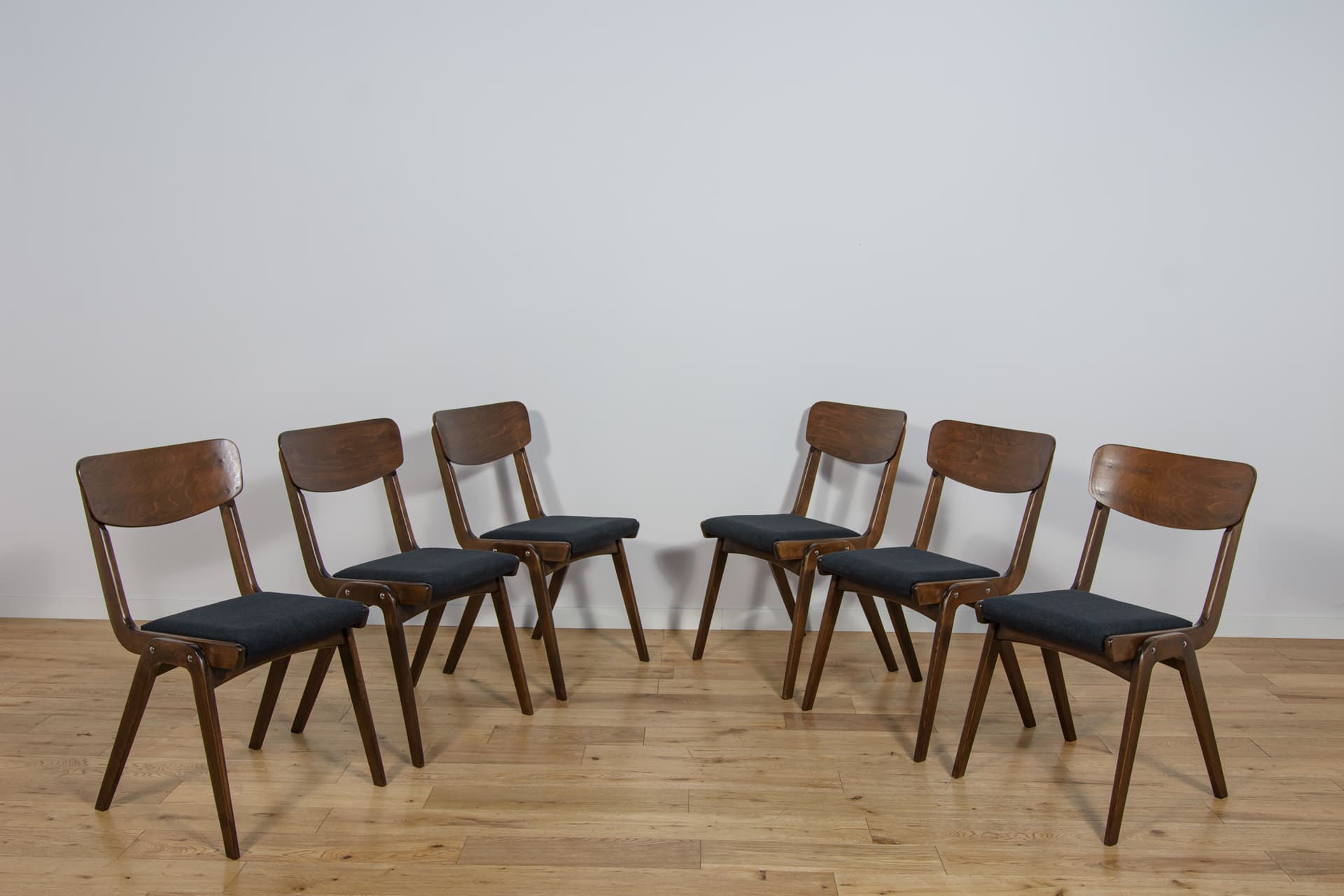 set of six chairs Bumerang type 229XB, brown beech, black synthetic fabric, Poland, 1960s - 297952