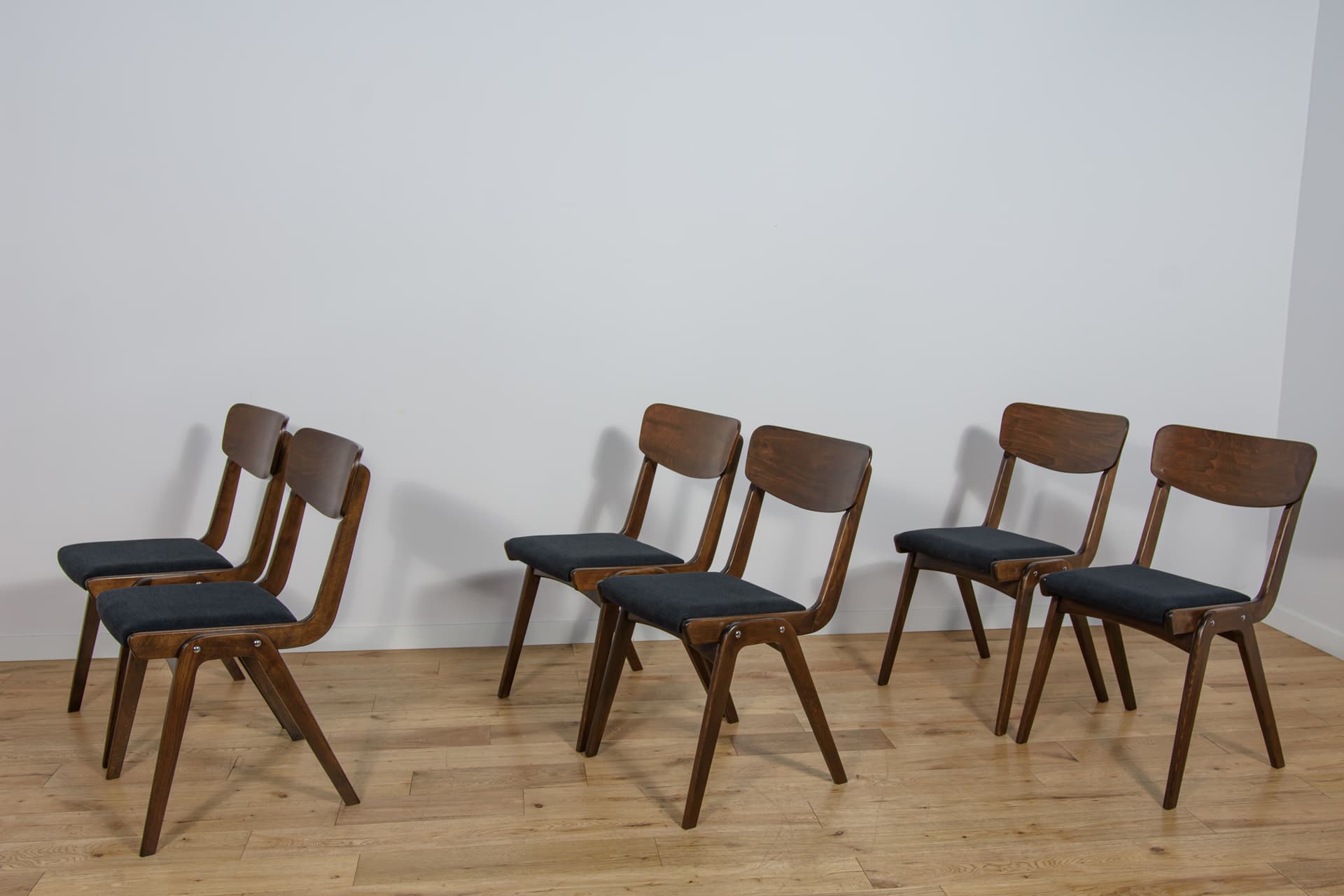 set of six chairs Bumerang type 229XB, brown beech, black synthetic fabric, Poland, 1960s - 297954