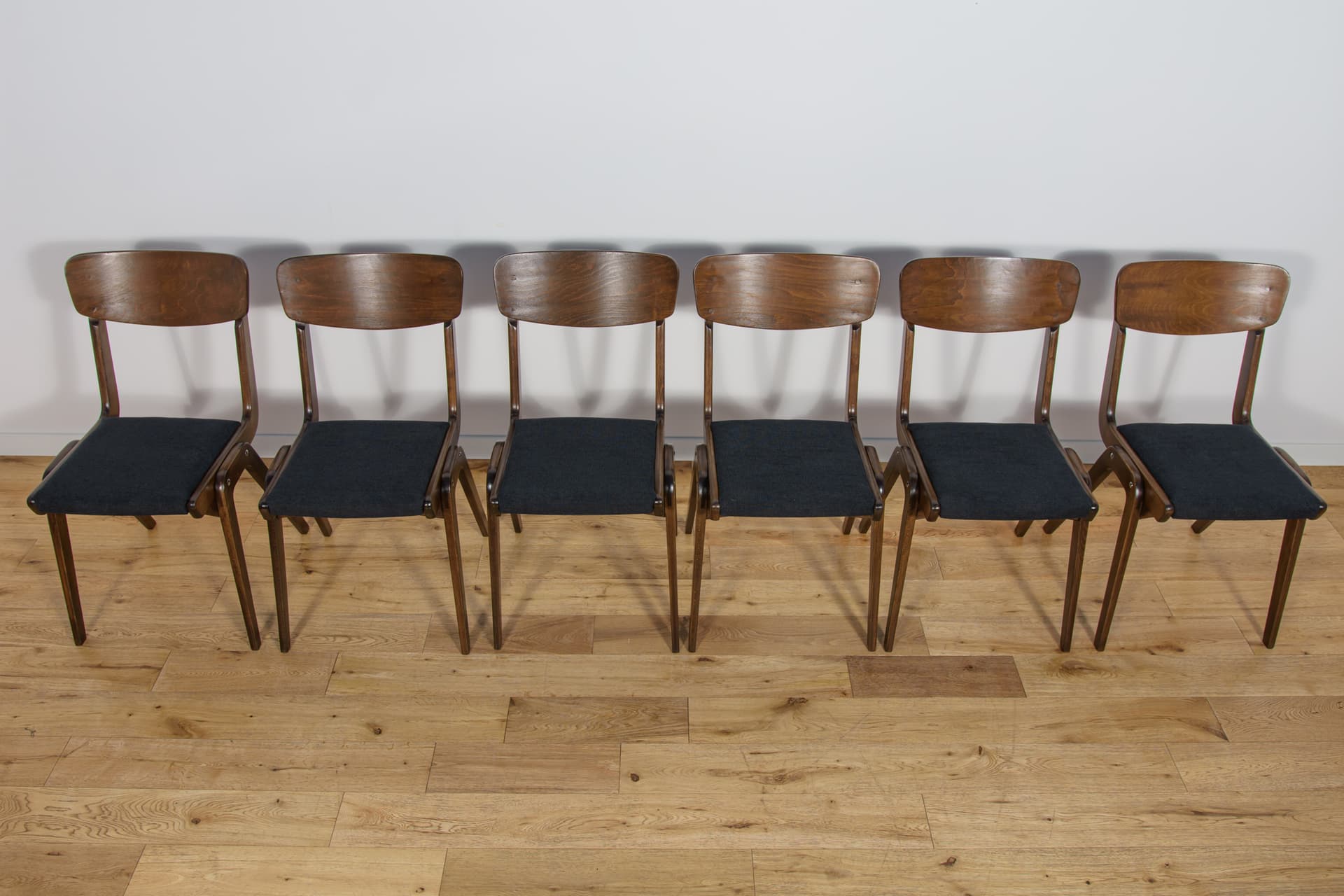 set of six chairs Bumerang type 229XB, brown beech, black synthetic fabric, Poland, 1960s - 297951
