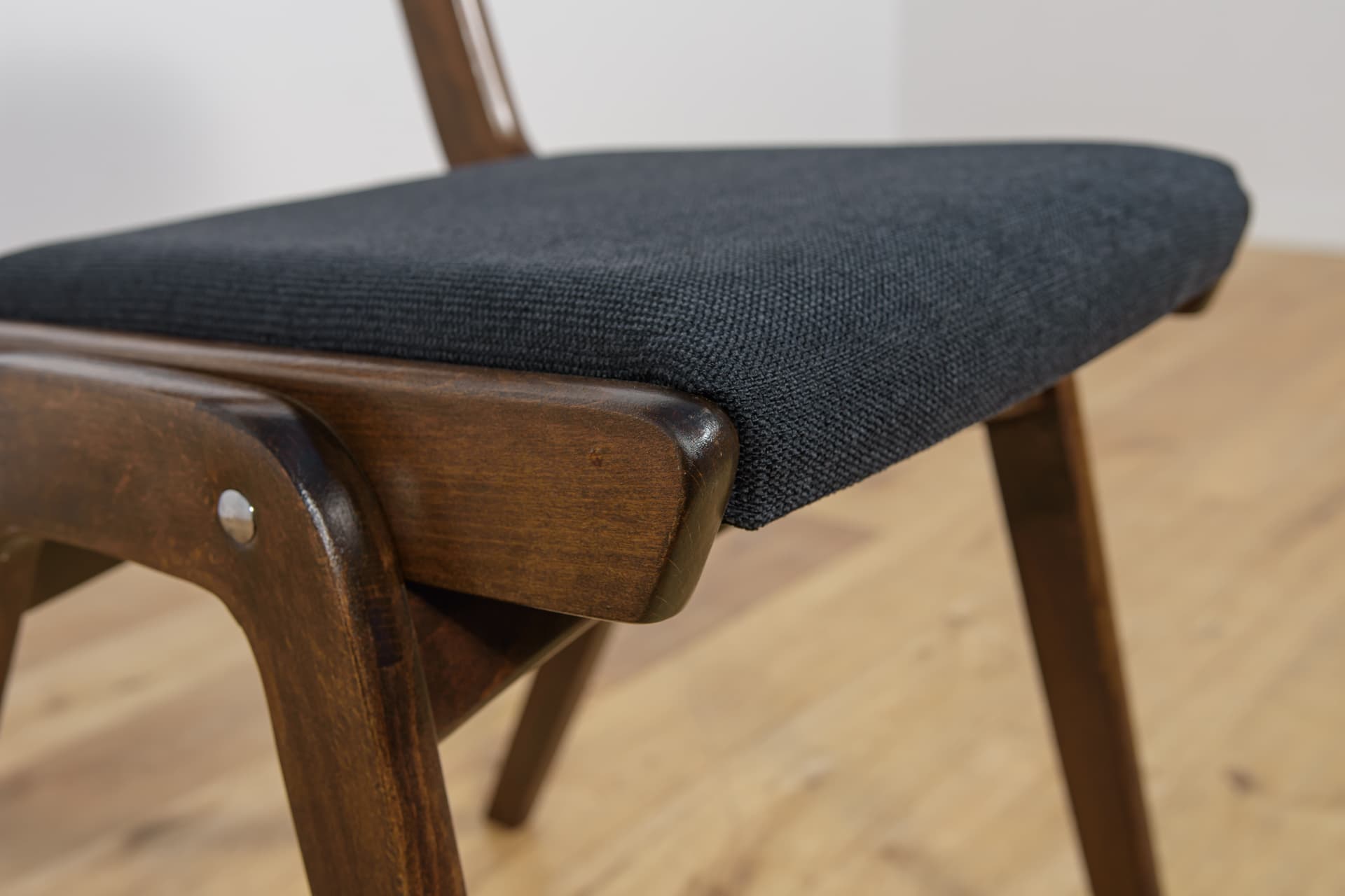 set of six chairs Bumerang type 229XB, brown beech, black synthetic fabric, Poland, 1960s - 297960