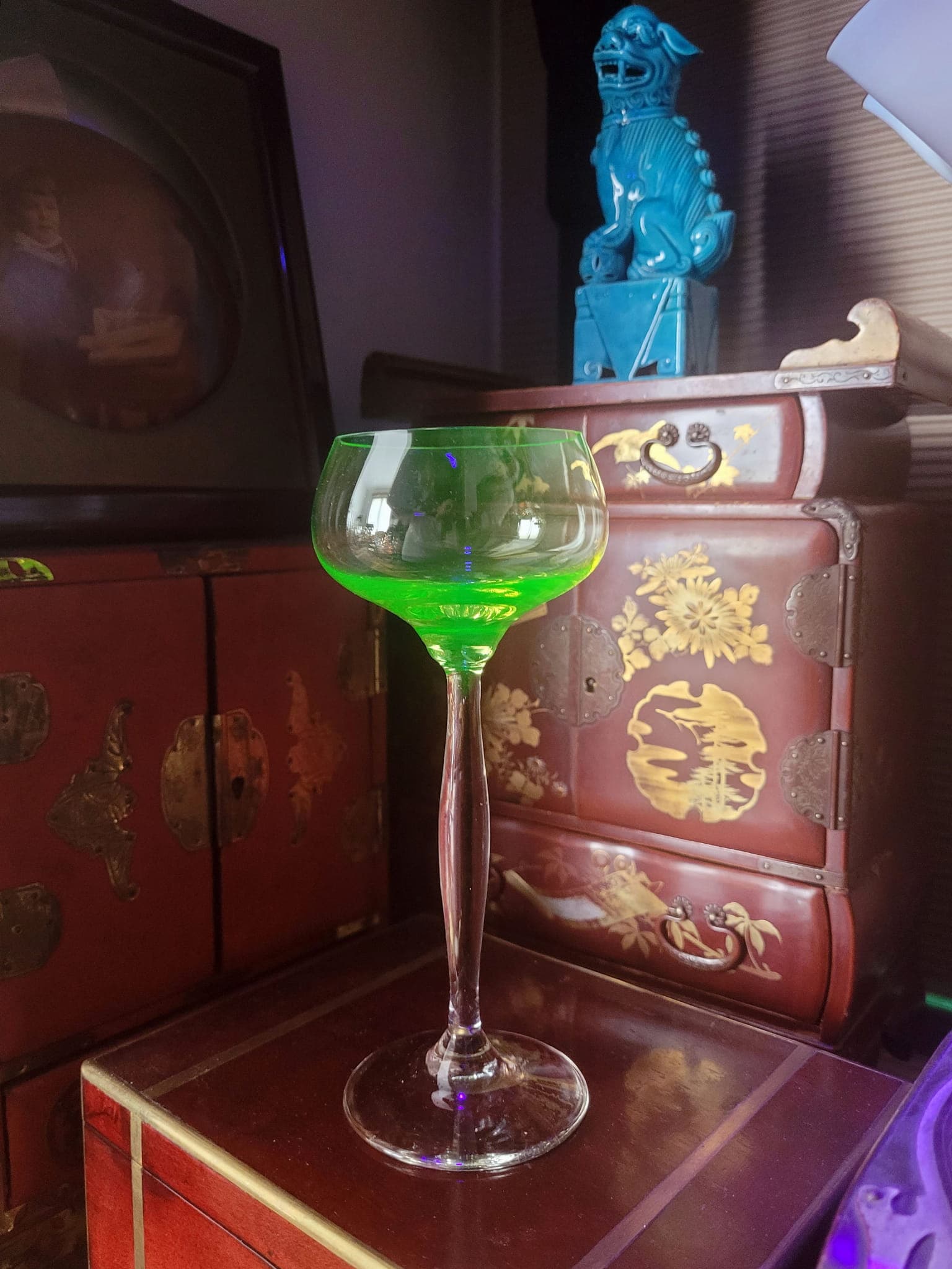 Zestaw kielichów do wina Art Deco, szkło uranowe żółto-zielone, kryształ transparentny, lata 30. - 297990