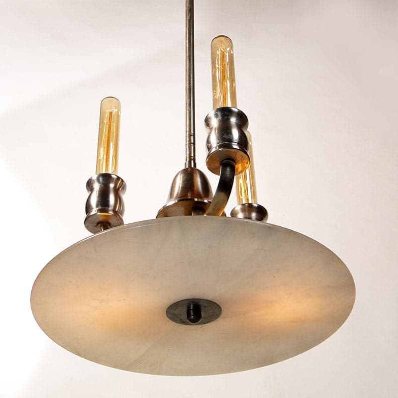 Chandelier Art Deco, silver nickel-plated brass, beige white alabaster, Poland, 1920s. - 298006
