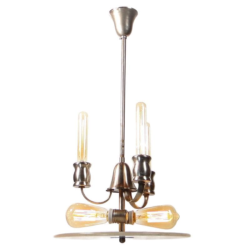 Chandelier Art Deco, silver nickel-plated brass, beige white alabaster, Poland, 1920s.