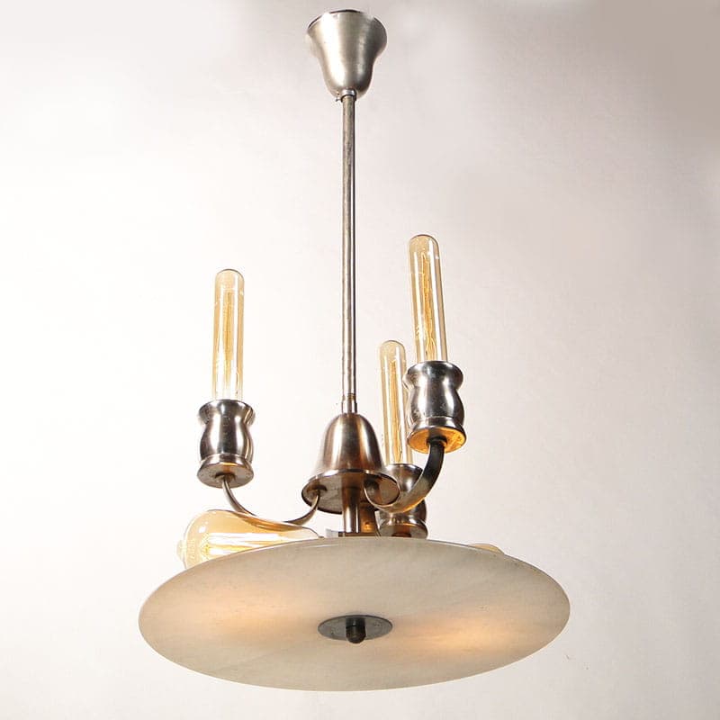 Chandelier Art Deco, silver nickel-plated brass, beige white alabaster, Poland, 1920s. - 298004