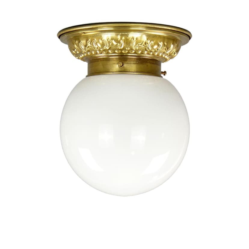 Eclectic ceiling light, white glass, gold brass, Poland, 1970s.
