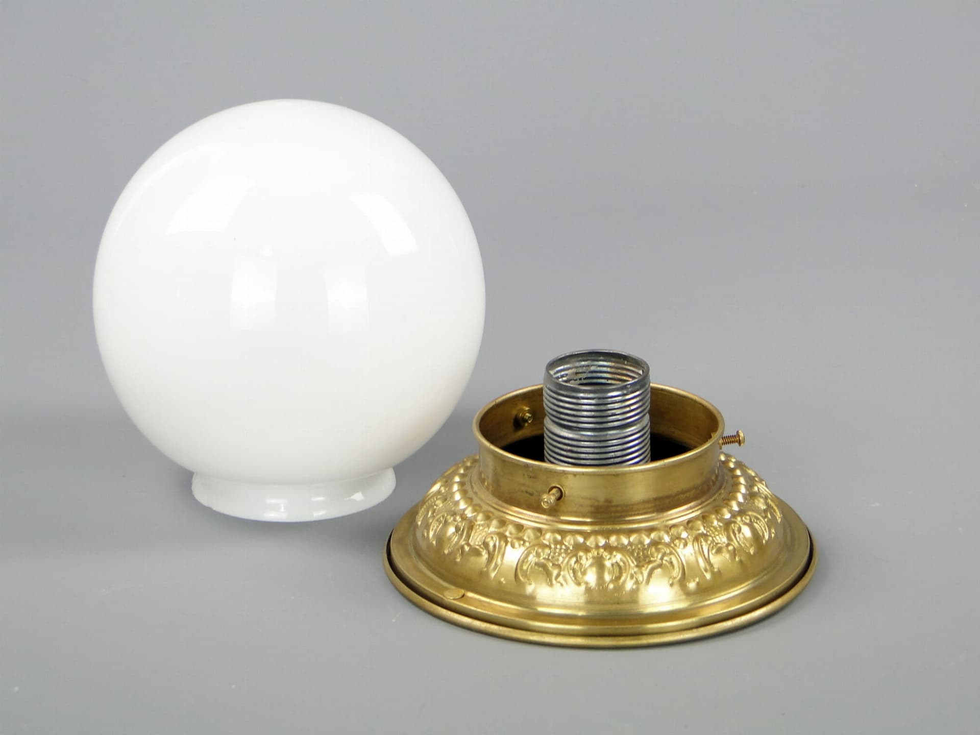 Eclectic ceiling light, white glass, gold brass, Poland, 1970s. - 298142