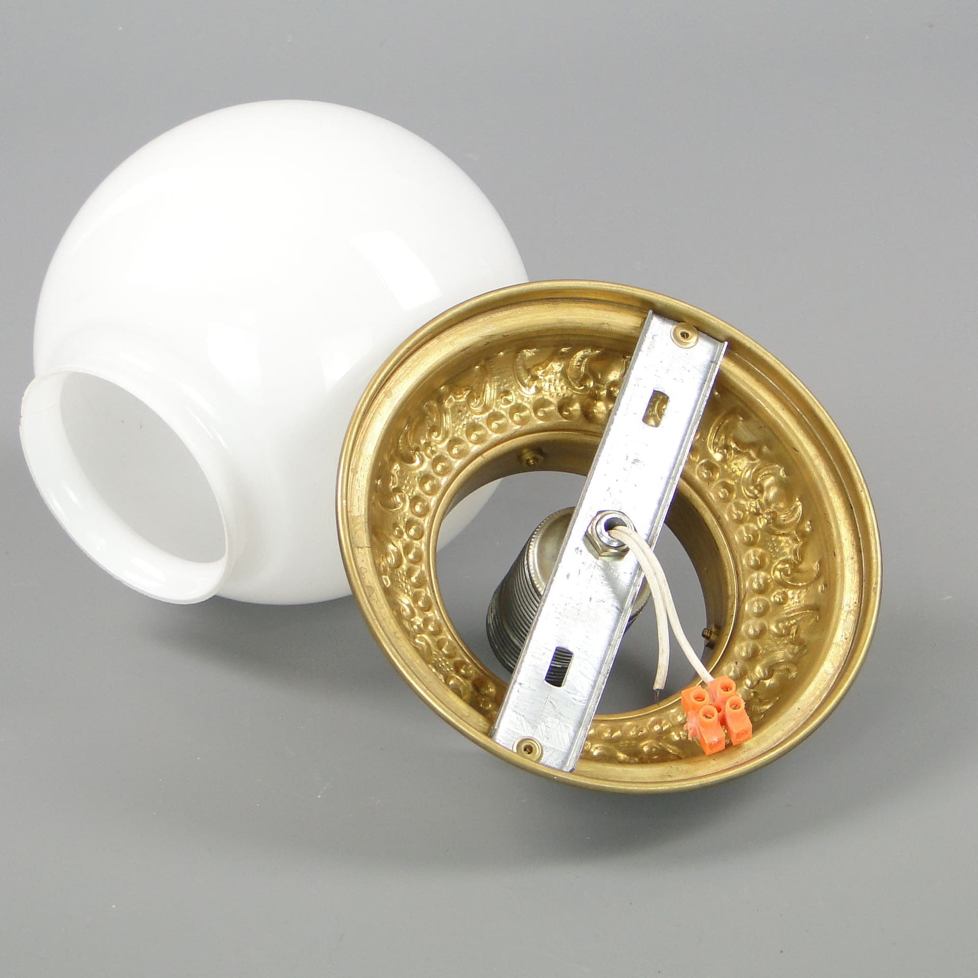 Eclectic ceiling light, white glass, gold brass, Poland, 1970s. - 298137