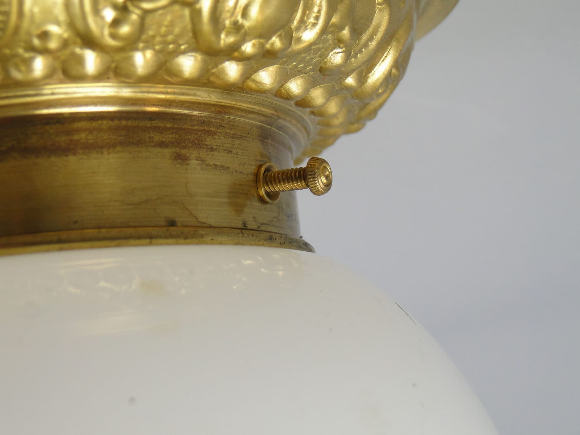Eclectic ceiling light, white glass, gold brass, Poland, 1970s. - 298141