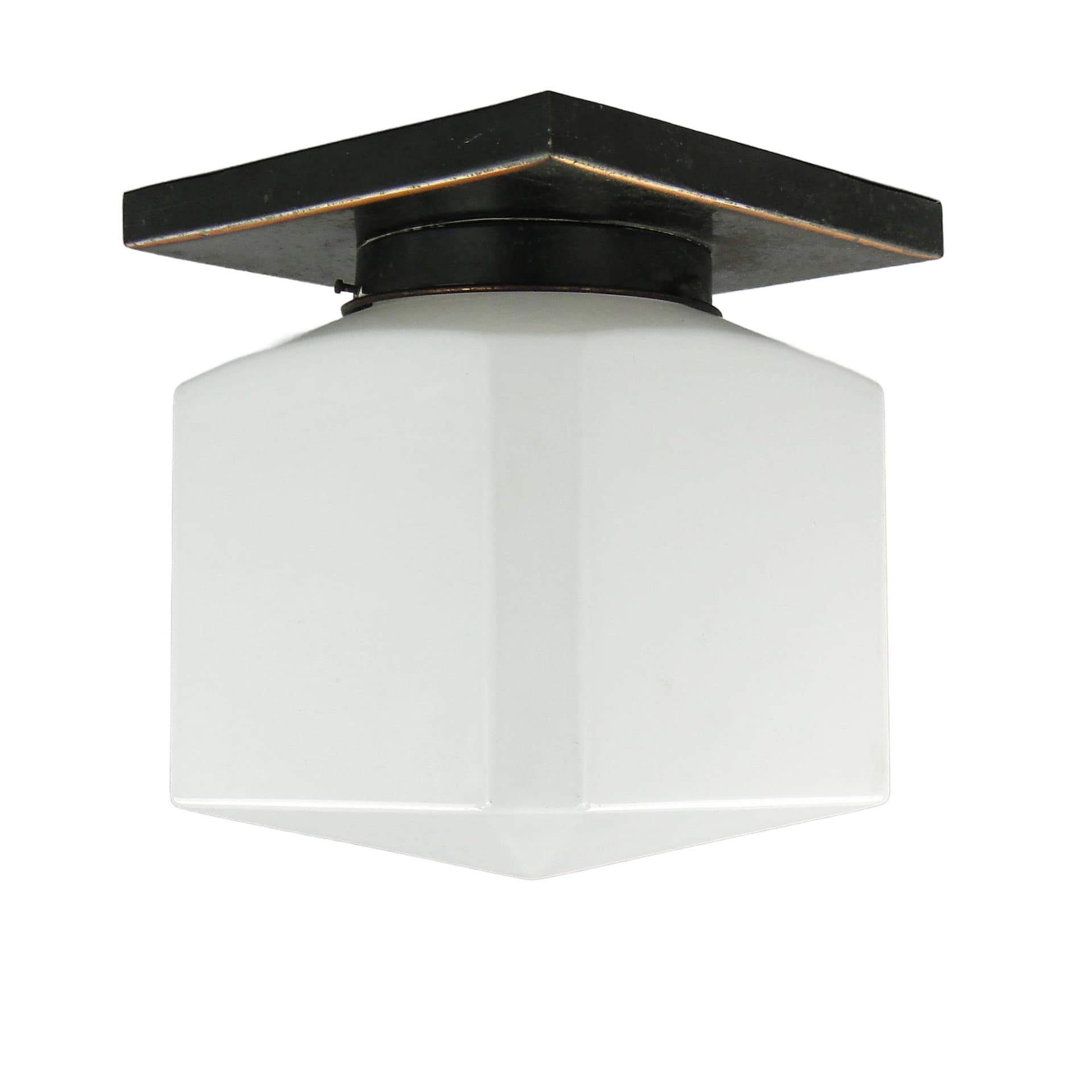 Geometric flush mount, Art Deco, white glass, black copper, Czechoslovakia, 1920s.