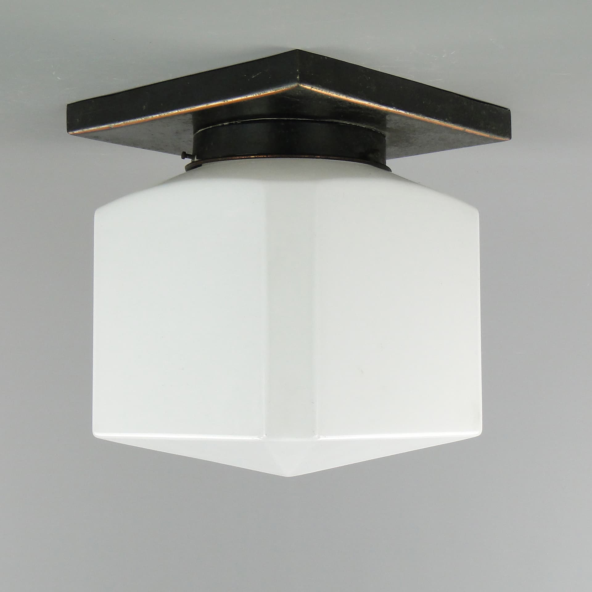 Geometric flush mount, Art Deco, white glass, black copper, Czechoslovakia, 1920s. - 298144