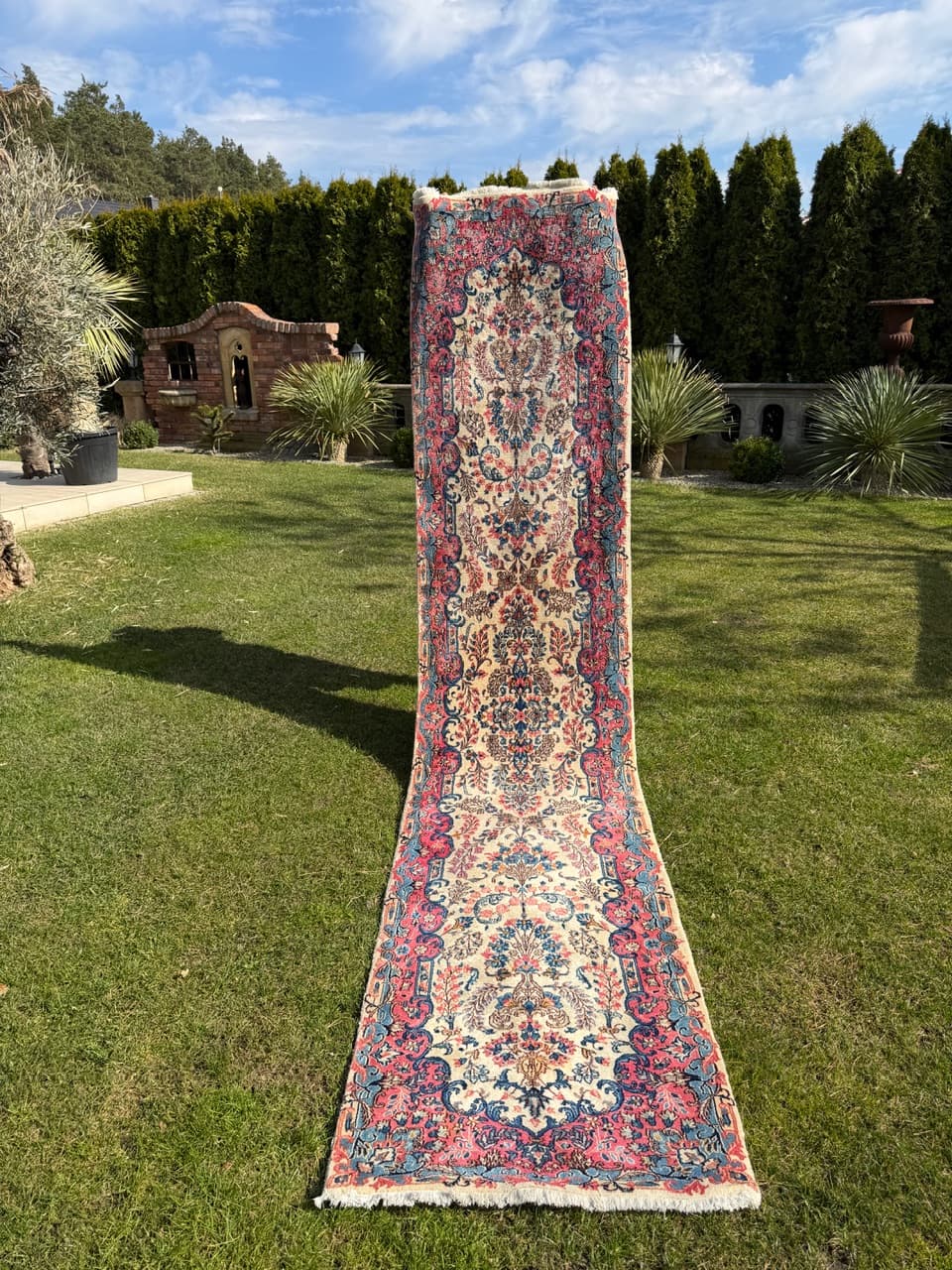Chodnik perski Ispahan 415x75 cm, beżowy, wełna kaszmirowa jedwab, Iran - 298198