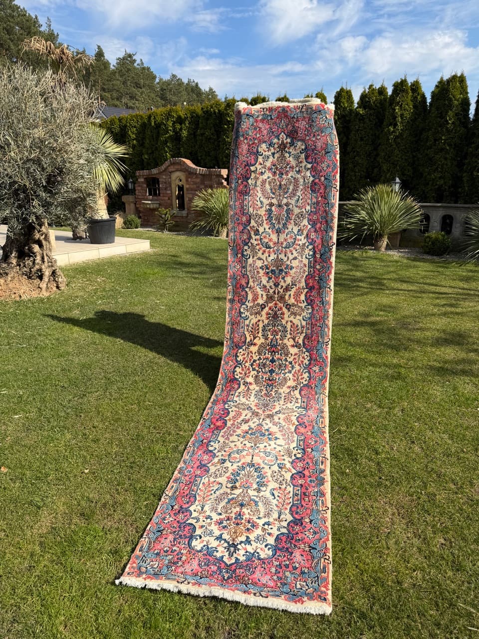 Chodnik perski Ispahan 415x75 cm, beżowy, wełna kaszmirowa jedwab, Iran - 298199